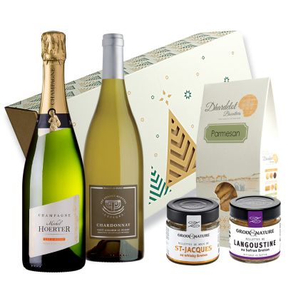 Coffret Noel champagne Chardonnay biscuits rillettes de langoustine et Saint-Jacques